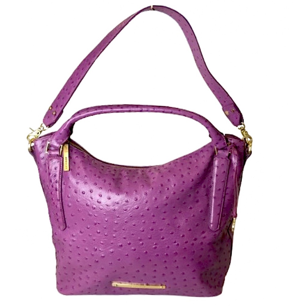 BRAHMIN Purple Ostrich Print Embossed Leather Top Handle Carry On Shoulder Bagi